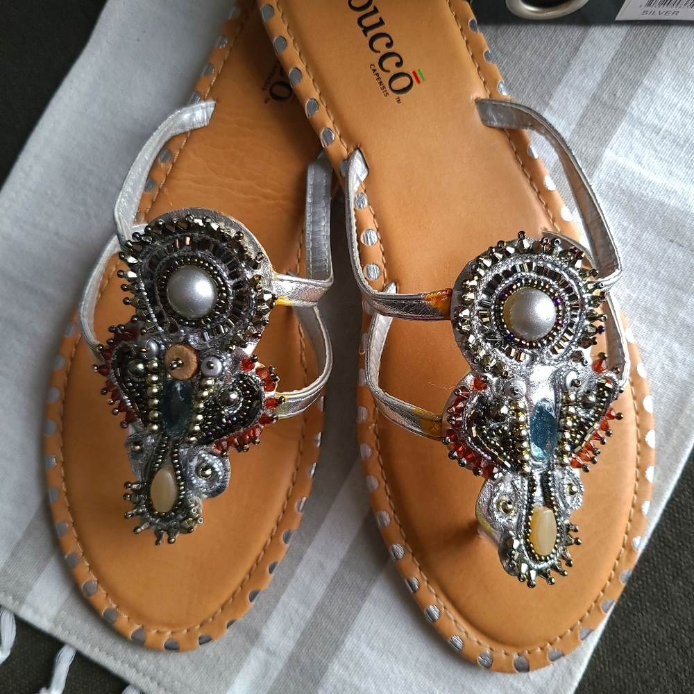 Beaded Thong sandal with silver accents